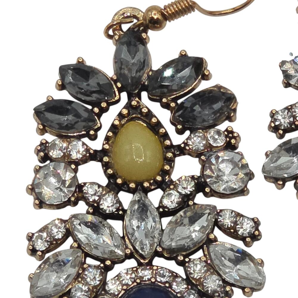 Navy Blue Oval Crystal Cluster Statement Dangle Drop Earrings Gold Tone Vintage